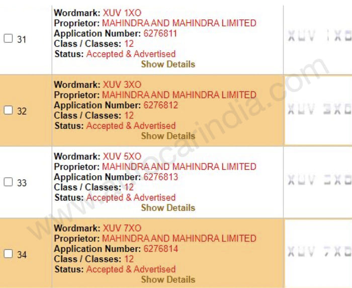 Mahindra XUV 7XO trademark
